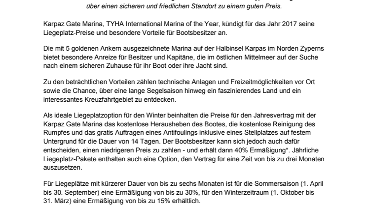 boot Düsseldorf - Karpaz Gate Marina: Karpaz Gate Marina Kündigt Vorteile Und Angebote Für Liegeplätze Im Jahr 2017 An