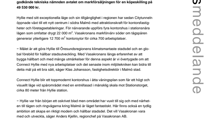 Markförsäljning ger nya arbetsplatser i Hyllie