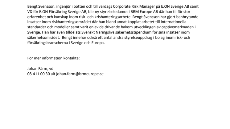 Bengt Svensson blir ny styrelseledamot i BRM Europe AB