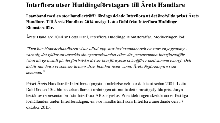 Interflora utser Huddingeföretagare till Årets Handlare