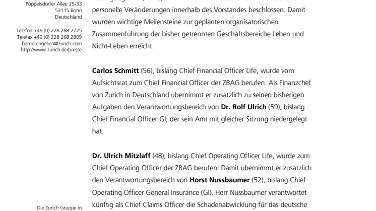 Zurich vereinfacht Unternehmensorganisation: Vorstände ernannt