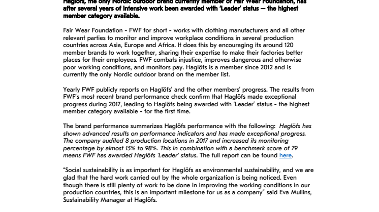 HAGLÖFS AWARDED FOR SOCIAL SUSTAINABILITY PROJECT