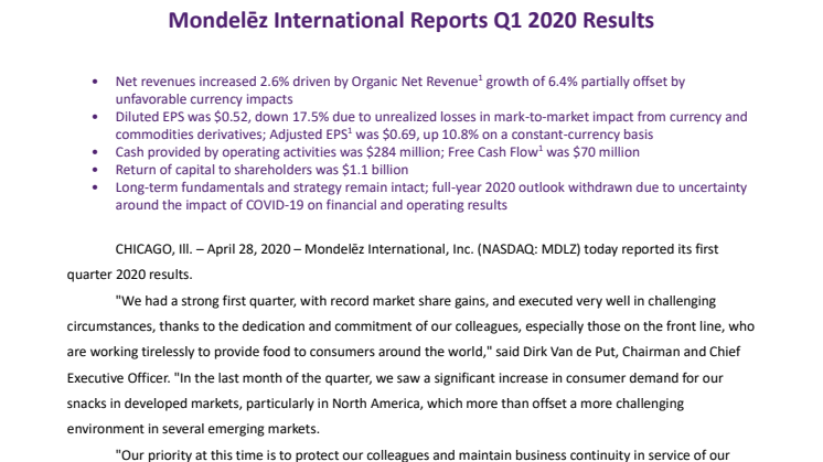 Mondelēz International: 1. Quartal zeigt positive Geschäftsentwicklung