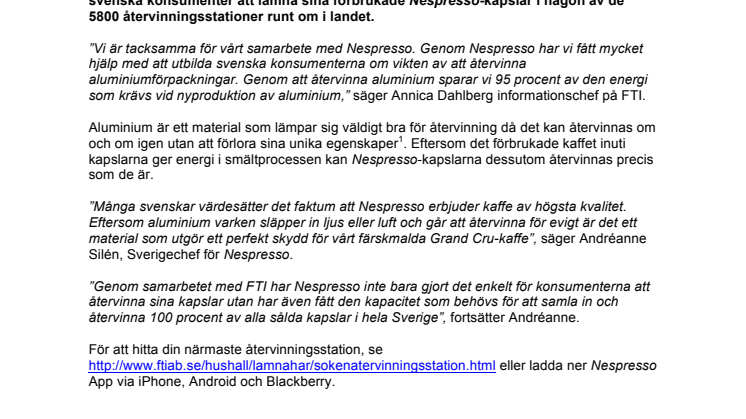 Samarbete mellan Nespresso och FTI hjälper svenska konsumenter att återvinna aluminiumförpackningar