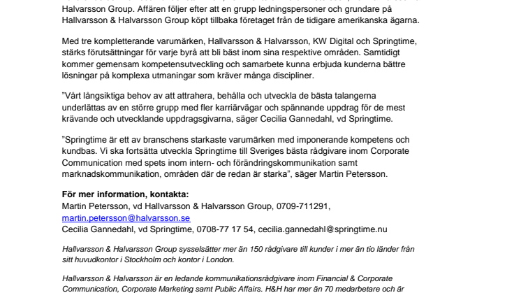 Hallvarsson & Halvarsson förvärvar Springtime - bildar Sveriges största kommunikationsgrupp