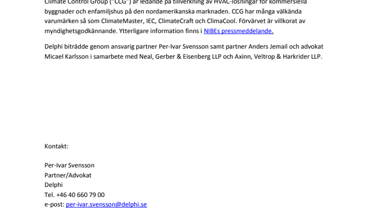 Delphi rådgivare när NIBE förvärvar Climate Control Group från LSB Industries för 364 MUSD