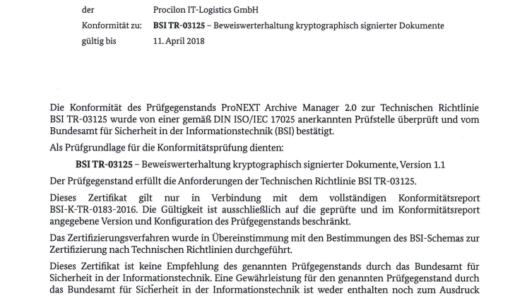 BSI-Zertifikat procilon TR-ESOR proNEXT Archive Manager