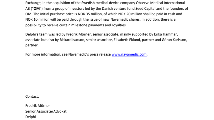 Delphi advisor to Navamedic ASA in connection with the acquisition of Observe Medical International AB and its subsidiaries