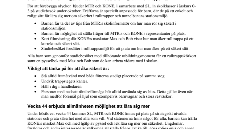 MTR och KONE ordnar säkerhetsutbildning för skolbarn 