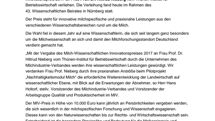 MIV zeichnet Agrarwissenschaftlerin aus –  Verleihung Milch-Wissenschaftlicher Innovationspreis 2017  an Frau Prof. Nieberg