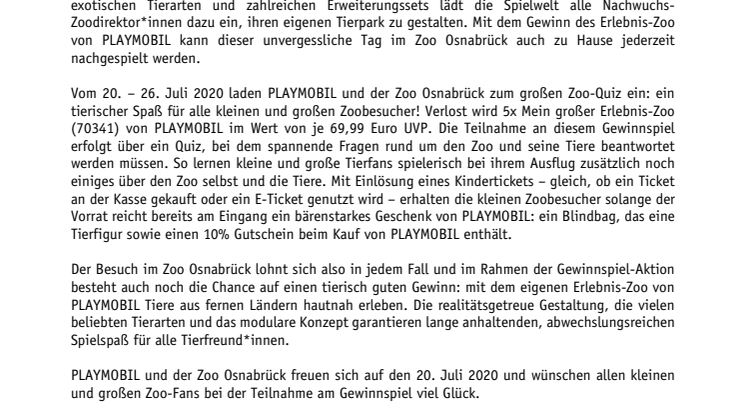 Tierischer Spaß im Juli: PLAYMOBIL und der Zoo Osnabrück laden zum großen Zoo-Quiz ein