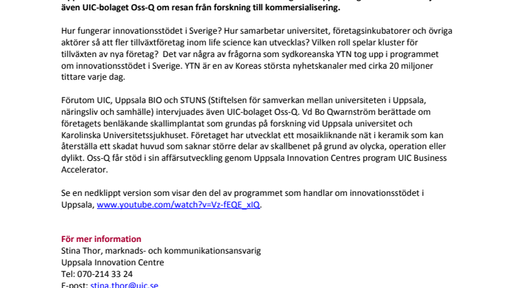 UIC i sydkoreanskt tv-program om innovationsstöd i Uppsala