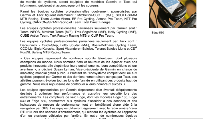 Garmin et Tacx annoncent le parrainage d’équipes cyclistes professionnelle