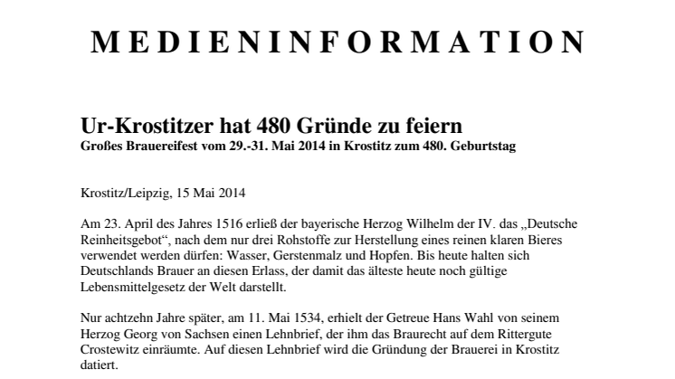 Ur-Krostitzer Brauereifest vom 29.-31.05.2014: Traditionsbrauerei wird 480 Jahre