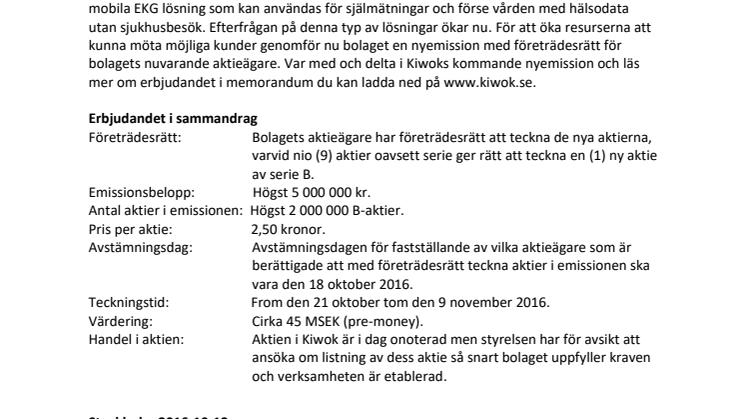 Kiwok Nordic AB (publ) genomför nyemission 