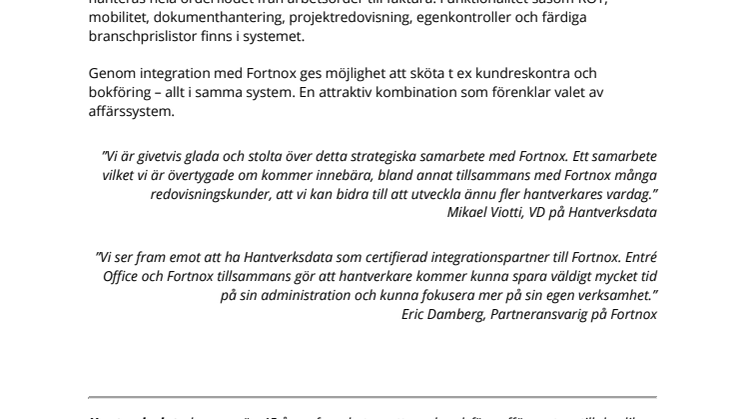 Hantverksdata blir genom Entré Office certifierad integrationspartner till Fortnox