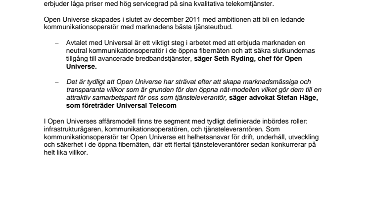 Open Universe tecknar avtal med Universal Telecom