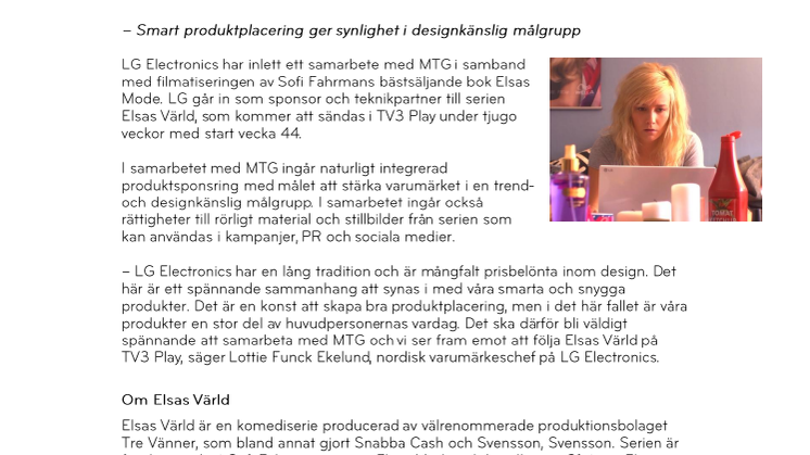 Pressmeddelande: LG Electronics sponsrar MTG:s storsatsning Elsas Värld