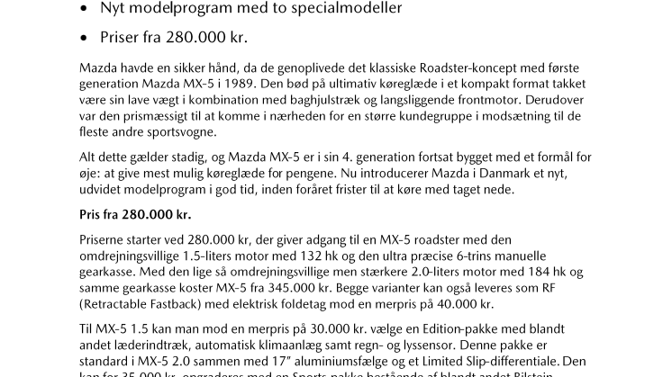 Mazda MX-5 klar til lysere tider med nyt modelprogram