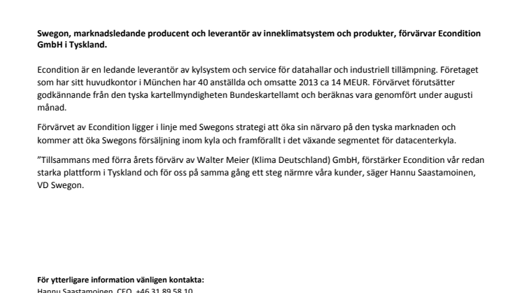 Swegon förstärker inom datacenterkyla och förvärvar Econdition GmbH