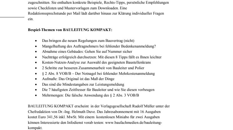 BAULEITUNG KOMPAKT – der neue Infodienst für Bauleiter