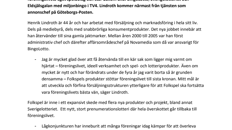 Henrik Lindroth ny försäljningsdirektör på Folkspel