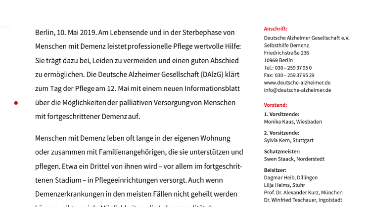 Zum Tag der Pflege 2019:  Menschen mit Demenz bis zuletzt professionell begleiten