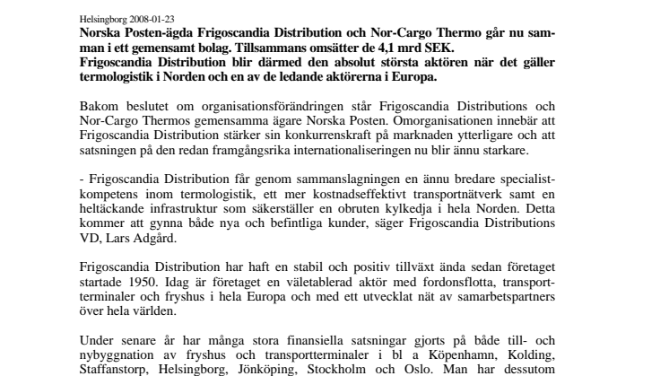 Frigoscandia Distribution blir störst på termologistik i Norden