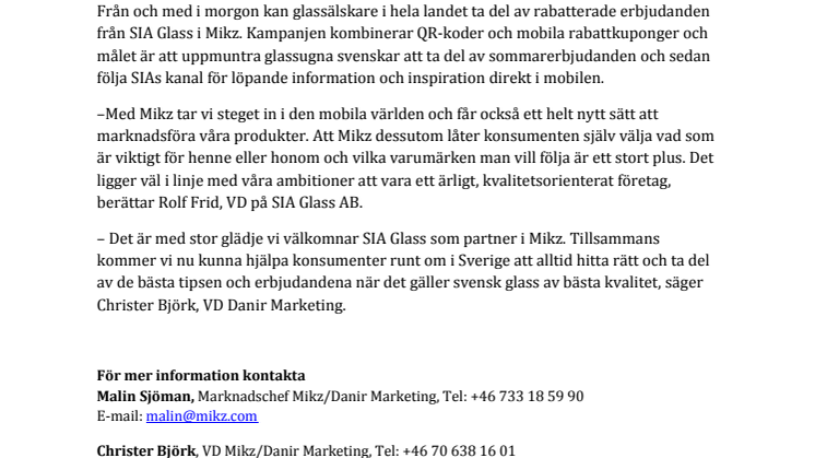 SIA Glass välkomnar den svenska sommaren i mobilen med Mikz