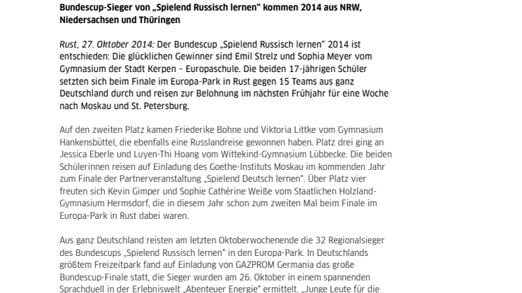 Bundescup-Sieger von „Spielend Russisch lernen“ kommen 2014 aus NRW, Niedersachsen und Thüringen