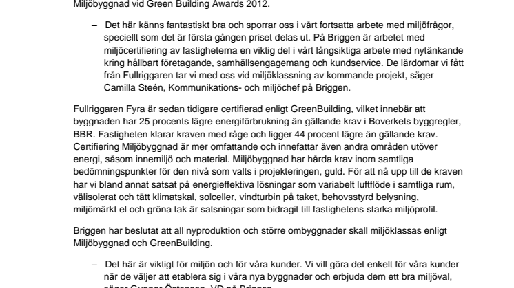 Förstapris till Briggen vid Green Building Awards