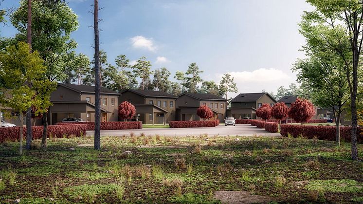 Kv Hällmarken - 3D-bild av området och tvåplanshusen