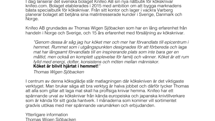 Knifeo AB lanserar ny nätbutik för köksknivar