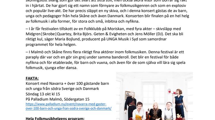 Över 100 barn och unga på scen med Navarra under Folkmusikhelgen i Malmö 11–13 oktober