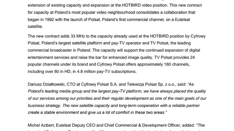 Cyfrowy Polsat scales up at Eutelsat’s HOTBIRD position