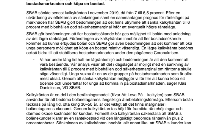SBAB har sänkt kalkylräntan för bolån till 6 procent