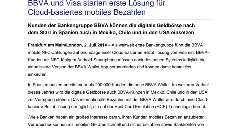 BBVA und Visa starten erste Lösung für Cloud-basiertes mobiles Bezahlen