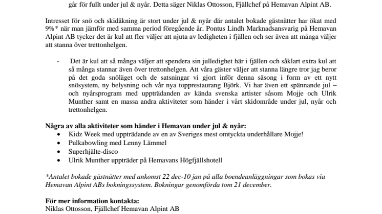 Hemavan Tärnaby är skidorten som erbjuder mest snö till jul & nyår