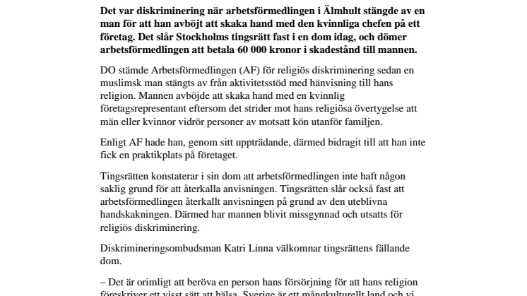 AF diskriminerade mannen som inte ville skaka hand med kvinnlig chef 