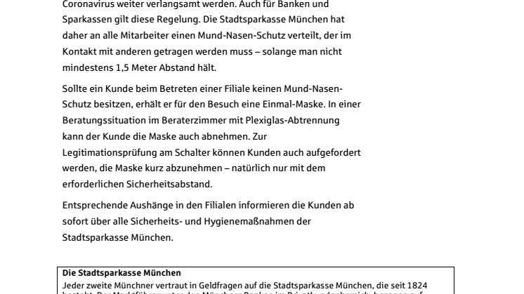 Die Stadtsparkasse München unterstützt ihre Kunden und Mitarbeiter bei der Maskenpflicht.