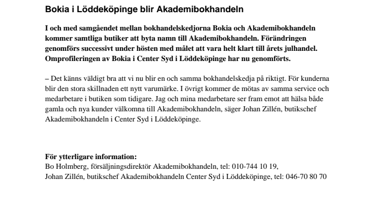 Bokia i Löddeköpinge blir Akademibokhandeln 