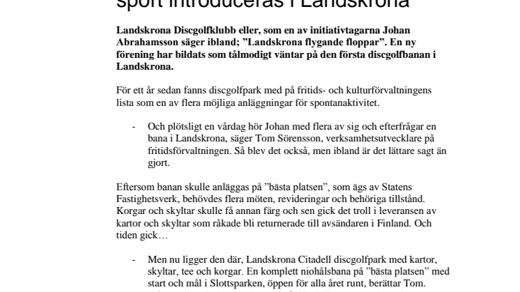 Discgolf - en ny och annorlunda sport introduceras i Landskrona