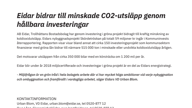 Eidar bidrar till minskade CO2-utsläpp genom hållbara investeringar 