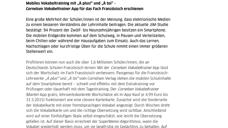 Mobiles Vokabeltraining mit „À plus!“ und „À toi“ - Cornelsen Vokabeltrainer App für das Fach Französisch erschienen