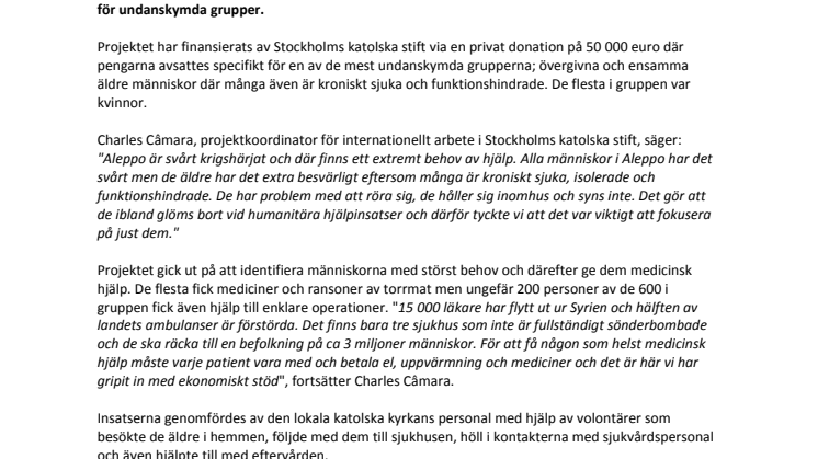 Stockholms katolska stift hjälpte 600 äldre i krigets Syrien 