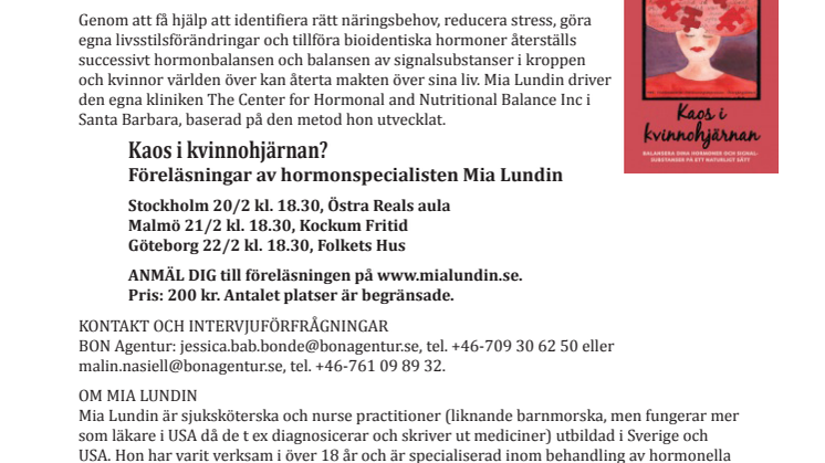HORMONSPECIALISTEN MIA LUNDIN  TILL SVERIGE 11-24 FEBRUARI