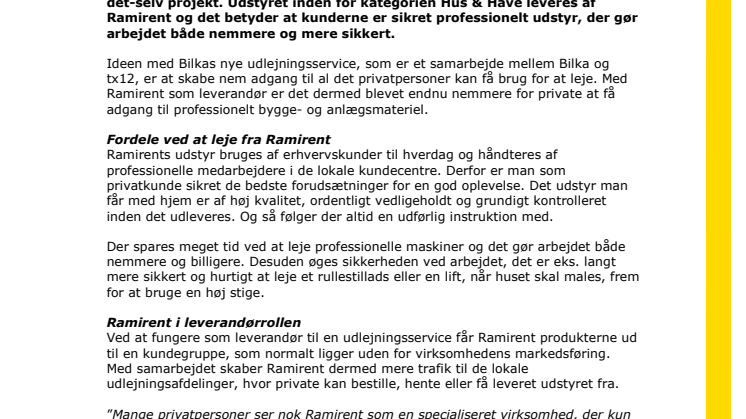 Ramirent er leverandør til Bilkas nye udlejningsservice