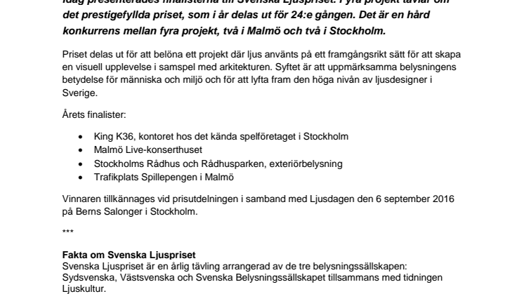 Fyra finalister i Malmö och Stockholm tävlar om prestigefyllda Svenska Ljuspriset 