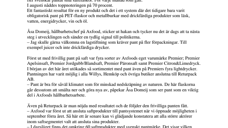 Succé för pant på saftflaskor