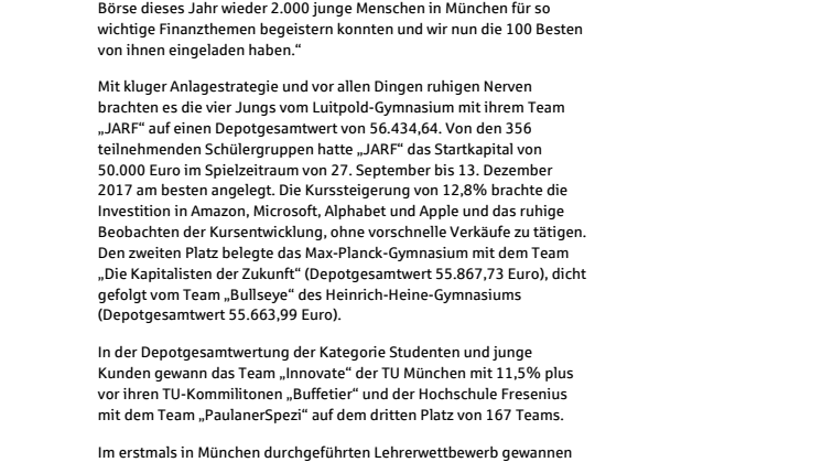 Pressemeldung Planspiel Börse 22. Januar 2018